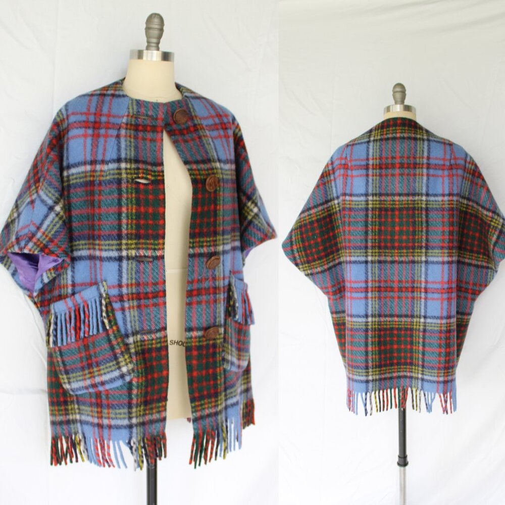 MERRYWEAR Ireland jacket cape poncho cloak Tartan plaid wool fringe check - Picture 2 of 12